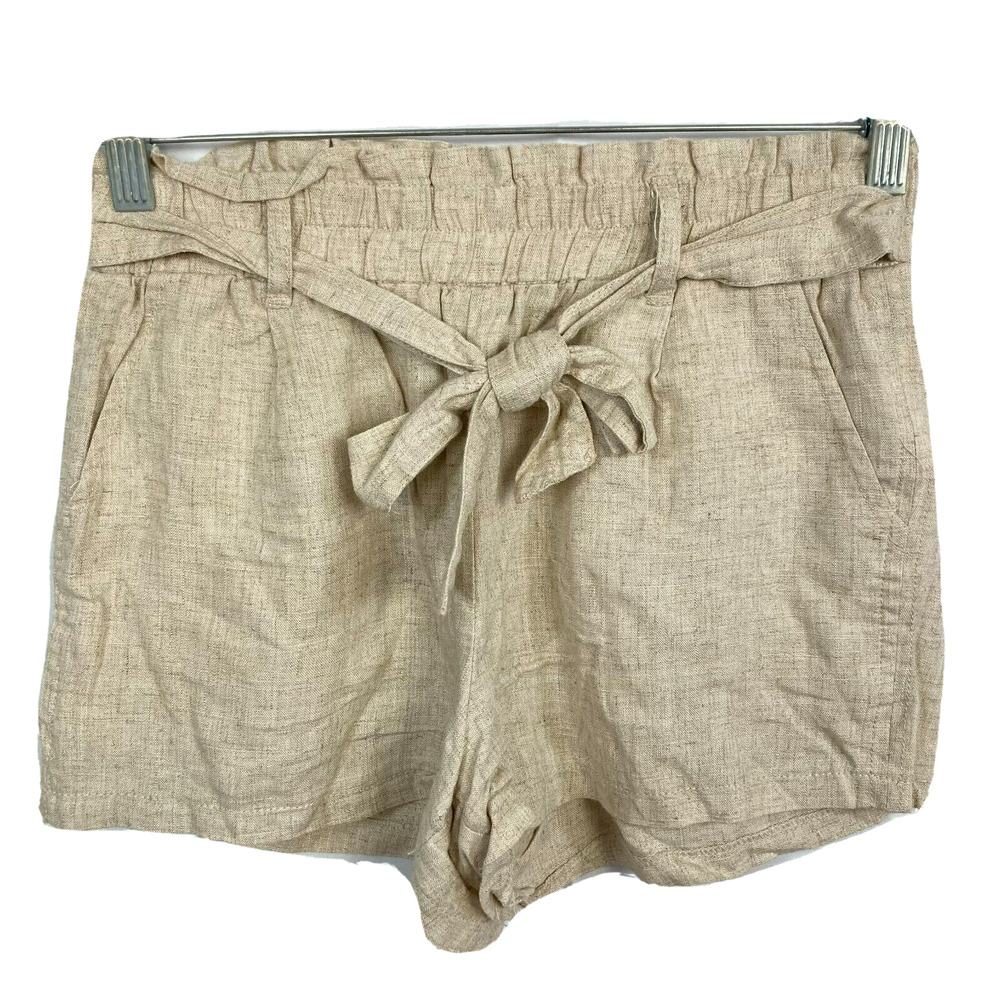 Angel Kiss Shorts Womens Sz S Beige Linen Paper Bag Tie Waist Pull On